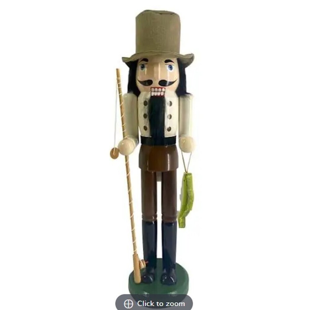 Wooden Christmas Nutcracker, 15", FISHERMAN WITH FISHING ROD & GREEN FISH, ATH